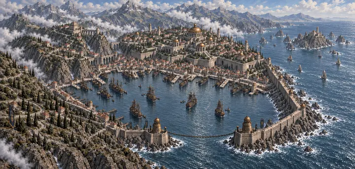 Calderon's terraced naval city and warships within its chained harbor