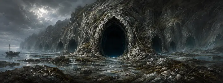 Nine dark cave mouths in a weathered coastal cliff above a rocky tide line