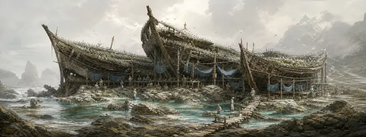 Medicinal gardens tended among three stranded wooden hulls above tidal pools