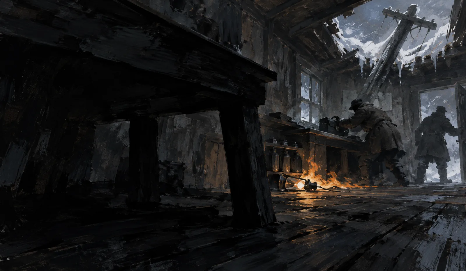 Inside the telegraph house on the night of the storm: a broken pole through the roof, firelight on the floor, two workers at the stair.