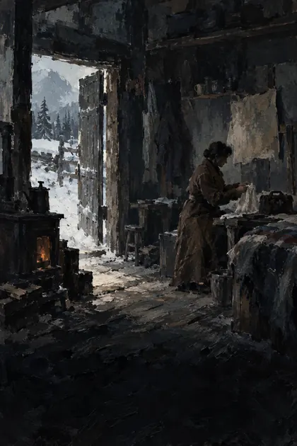 Hester Vale, the visiting nurse, working by a stove in lamplight.