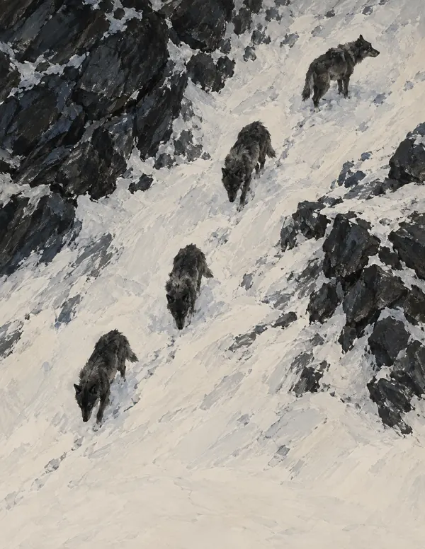 Four lean wolves seen from above, crossing snow and rock.