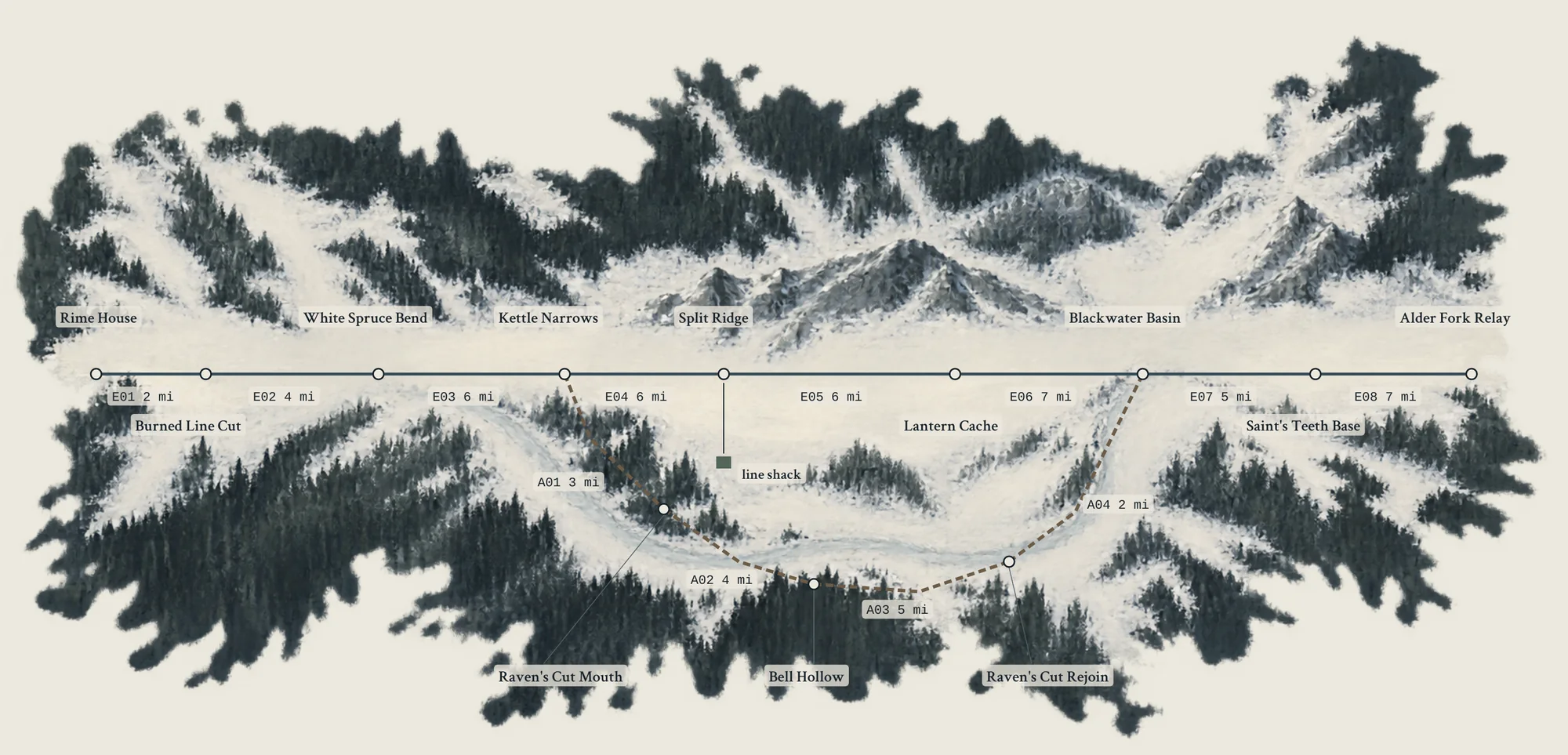 Map of Kestrel Reach from the book: the marked trail runs east from Rime House over Split Ridge and Lantern Cache; Raven’s Cut leaves at Kettle Narrows, passes Bell Hollow and rejoins at Blackwater Basin before Saint’s Teeth and Alder Fork Relay.