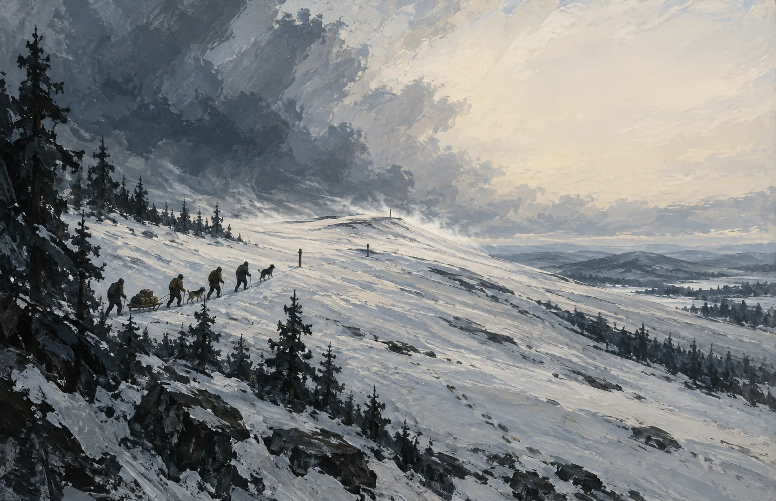 A sled party climbs out of the dark spruce toward the pale sky over Saint’s Teeth.